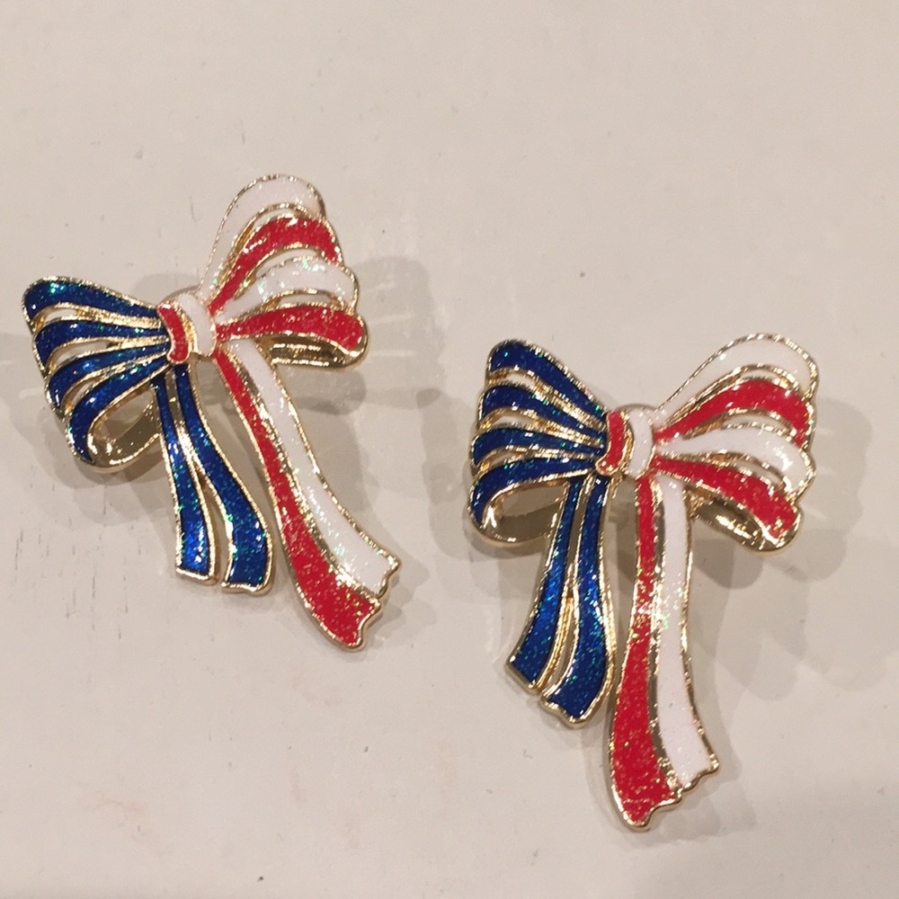 Gold Bow Earrings with Red, White & Blue Enamel